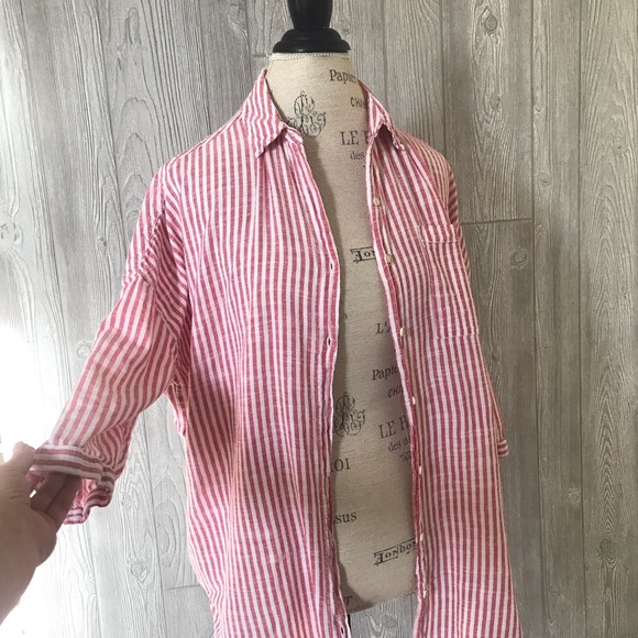 HOLDING HORSES Oversized Relaxed Fit Red and White Stripped Button Down Top - Picture 9 of 10